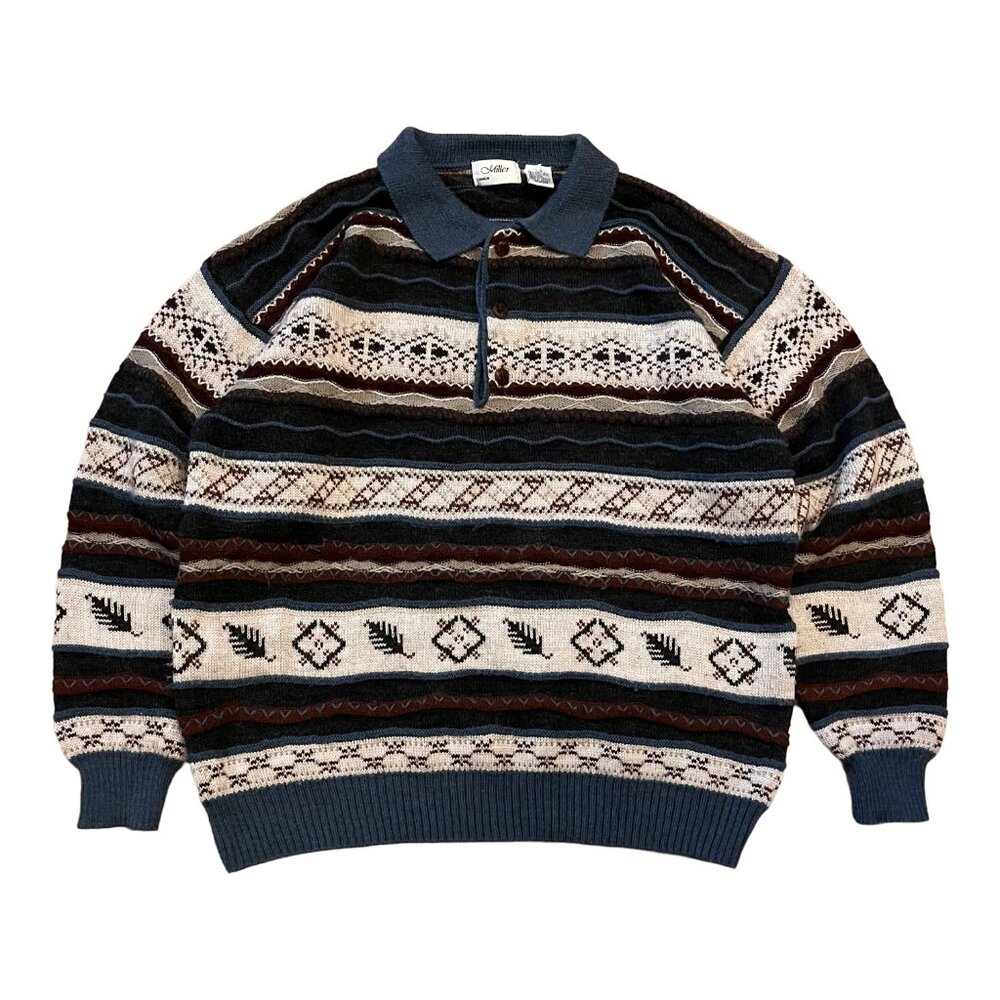 Vtg St Croix Sweater Polo Mens Large 3D Knit Striped Wool USA Made Grandpa Core